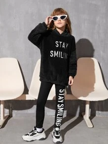 SHEIN Girls Slogan Embroidery Teddy Hoodie & Leggings