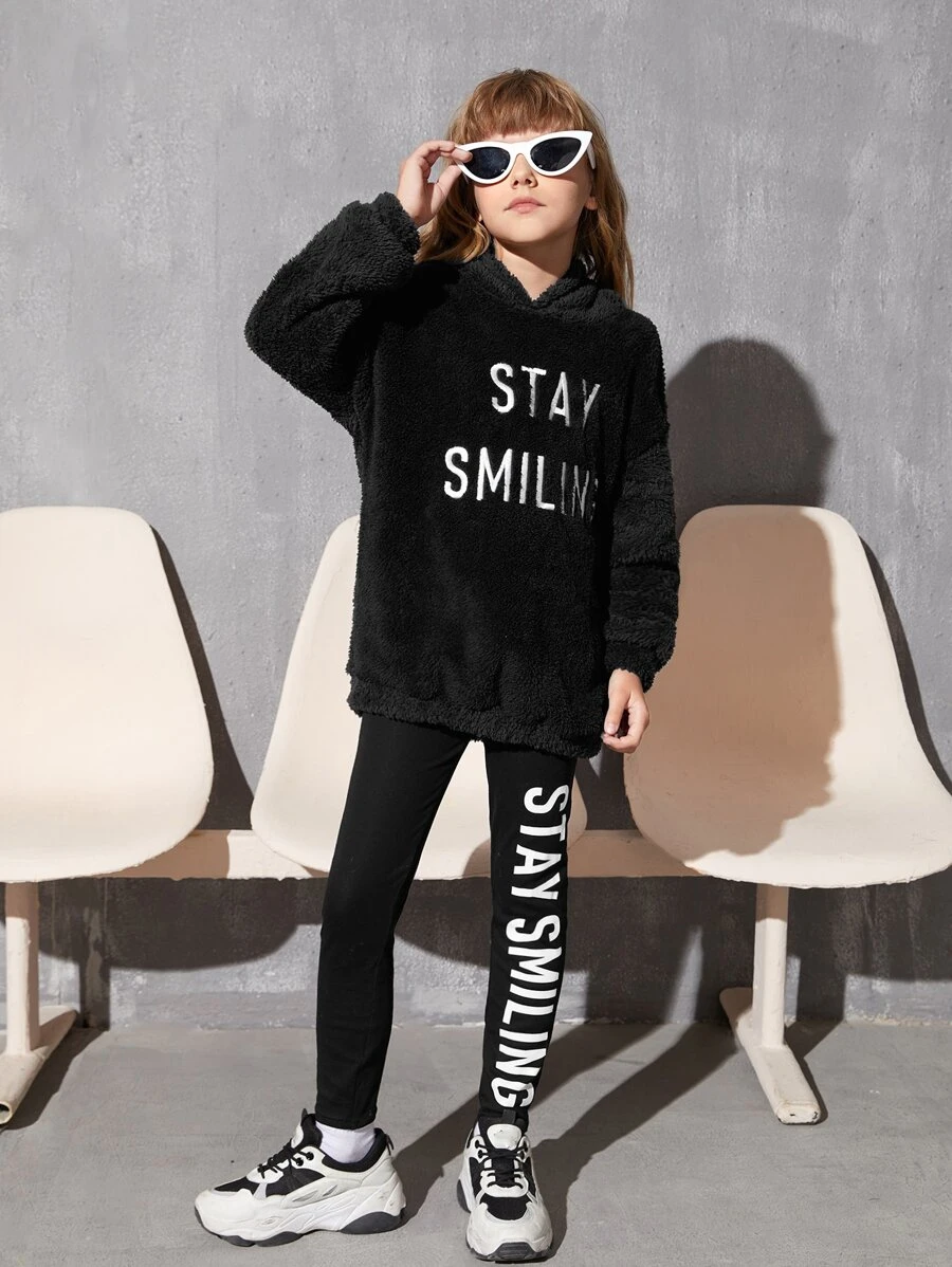 SHEIN Girls Slogan Embroidery Teddy Hoodie & Leggings