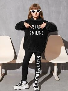 SHEIN Girls Slogan Embroidery Teddy Hoodie & Leggings