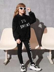 SHEIN Girls Slogan Embroidery Teddy Hoodie & Leggings