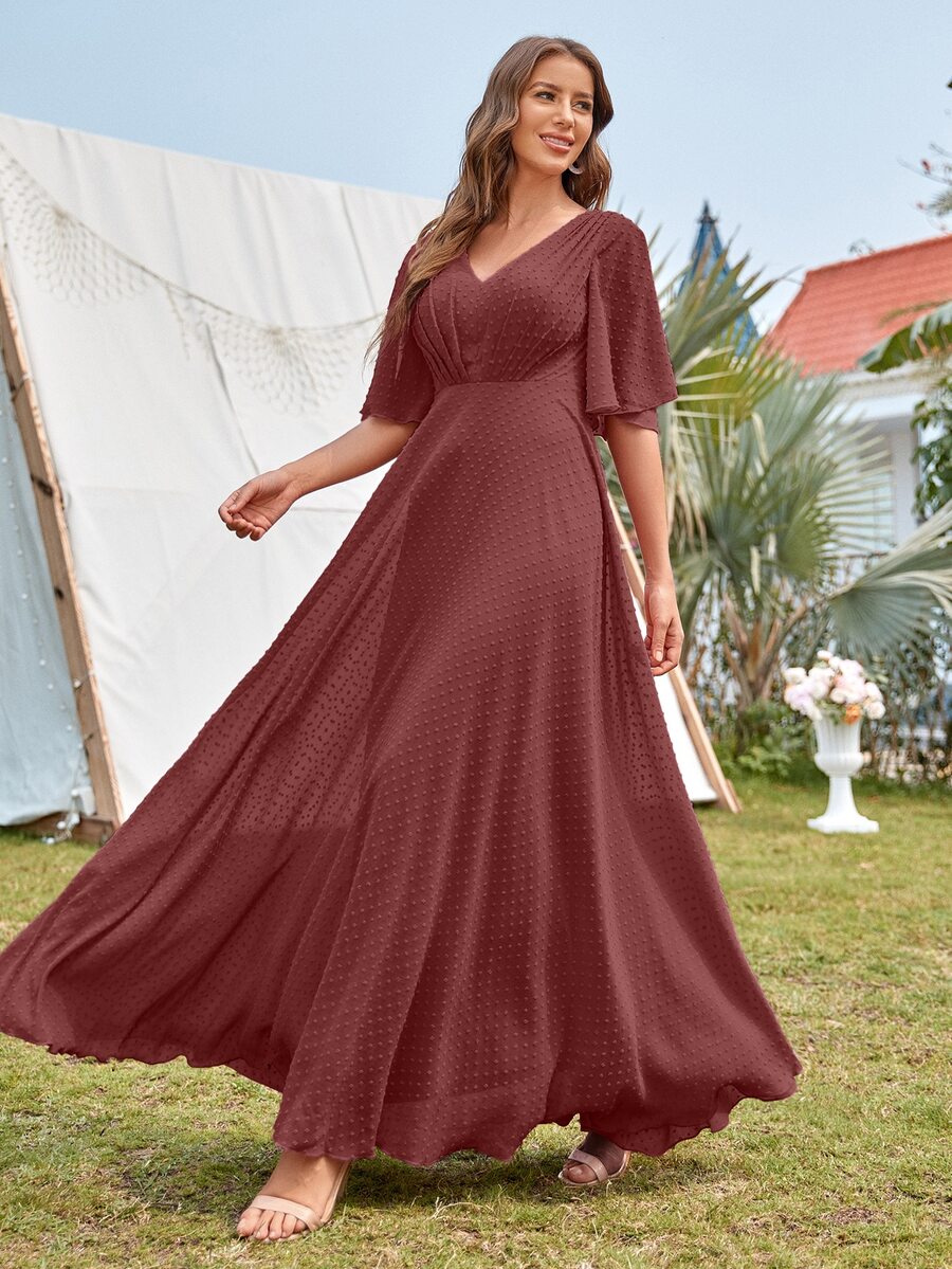 Váy tay bồng xếp ly chấm bi Swiss - Gỗ đỏ - Xem 1