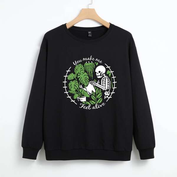 

Plus Skeleton & Slogan Graphic Sweatshirt, Black