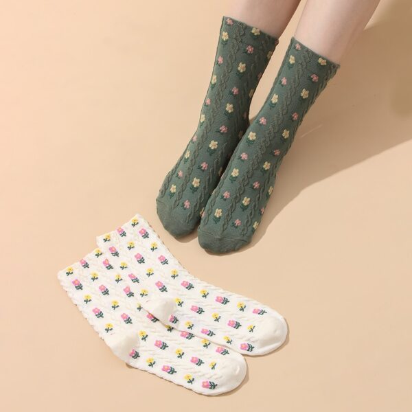 

2pairs Flower Pattern Crew Socks, Multicolor