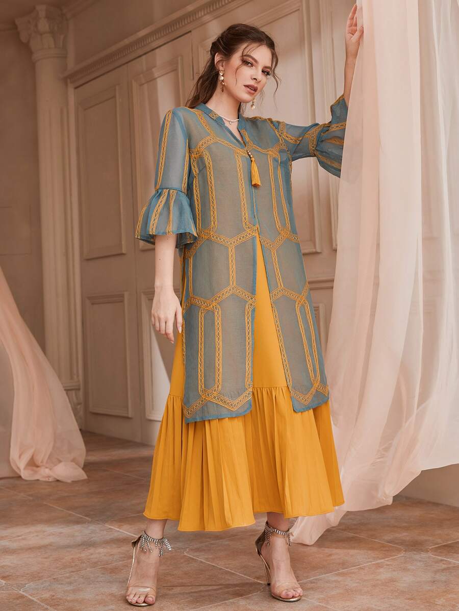 Al Najma Pleated Hem Dress & Embroidery Tunic Top - Multicolor - View 1