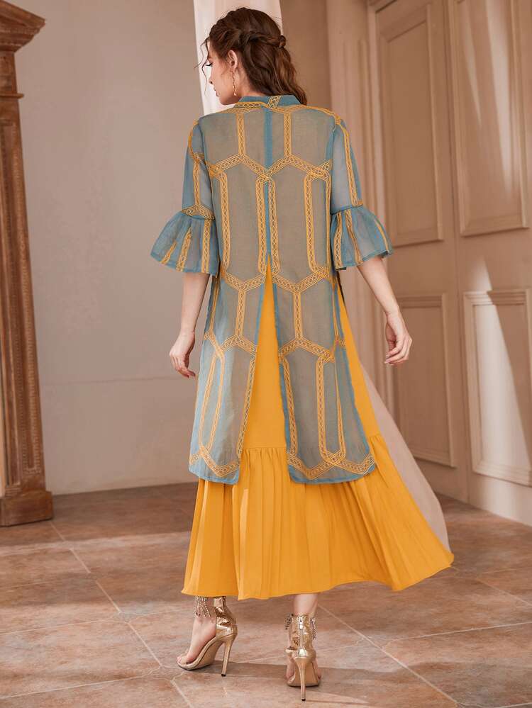 Al Najma Pleated Hem Dress & Embroidery Tunic Top - Multicolor - View 2