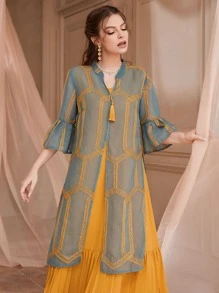 Al Najma Pleated Hem Dress & Embroidery Tunic Top - Multicolor - View 4
