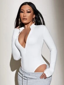 SHEIN SXY Spring And Summer White High-Cut Zipper Long-Sleeved Tight Sexy And Coquettish Women's Bodysuit - White - View 3