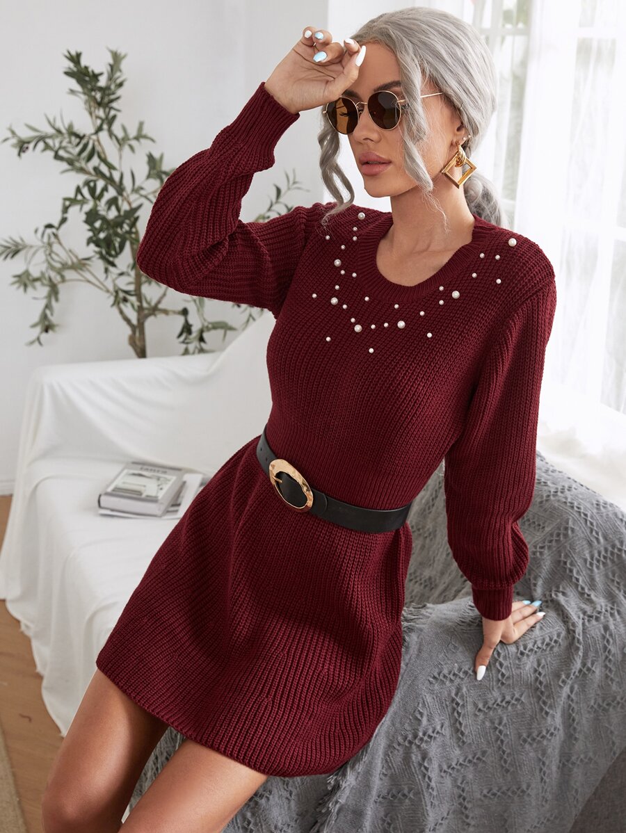Pearl Beaded Jumper Dress Without Belt - Burgundy - View 1