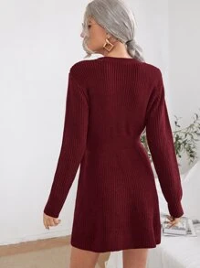 Pearl Beaded Jumper Dress Without Belt - Burgundy - View 2