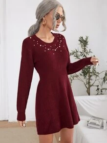 Pearl Beaded Jumper Dress Without Belt - Burgundy - View 3