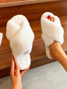 pueenb 毛茸茸交叉涼拖,白色時尚素色女士室內拖鞋 - 白色 - 查看 1