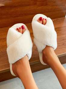 pueenb 毛茸茸交叉涼拖,白色時尚素色女士室內拖鞋 - 白色 - 查看 2