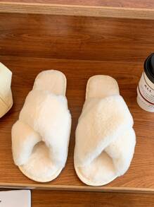 pueenb 毛茸茸交叉涼拖,白色時尚素色女士室內拖鞋 - 白色 - 查看 3