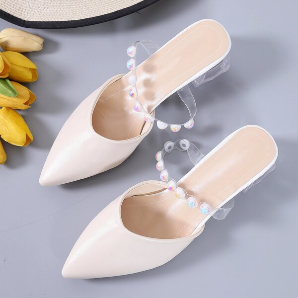 

Faux Pearl Decor Point Toe Heeled Mules, Beige
