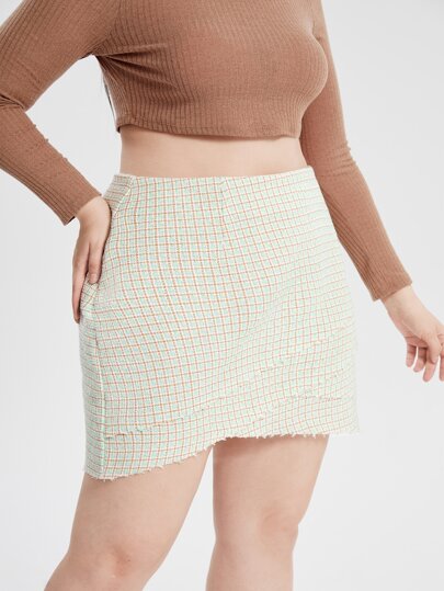 مقاس كبير تنانير قص خام حافة غير متماثل مربعات ملونة تويد