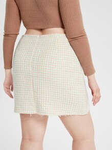 Calvaya 大碼毛邊緣不對稱下擺格紋粗花呢半身裙 - 彩色 - 查看 2