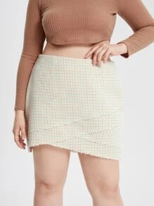 Calvaya 大碼毛邊緣不對稱下擺格紋粗花呢半身裙 - 彩色 - 查看 4