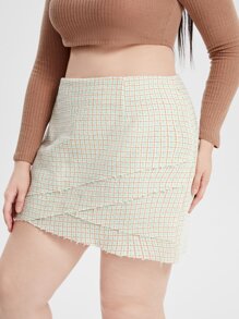 Calvaya 大碼毛邊緣不對稱下擺格紋粗花呢半身裙 - 彩色 - 查看 5