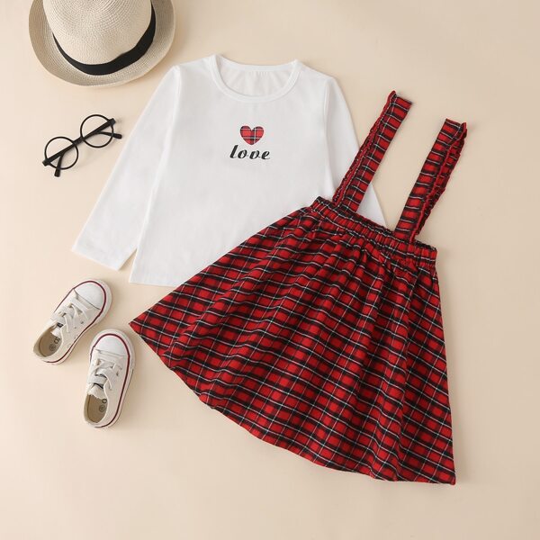 

Toddler Girls Heart And Letter Graphic Tee & Plaid Print Suspender Skirt, Multicolor