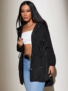 EURMUSE Drawstring Waist Hooded Coat - Black - View 4