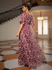 Allover Floral Print Butterfly Sleeve Maxi Lace Dress - Redwood - View 2