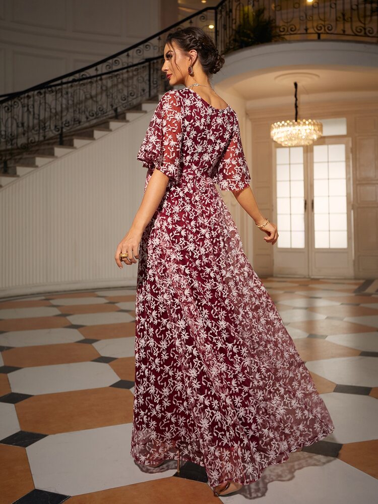 Allover Floral Print Butterfly Sleeve Maxi Lace Dress