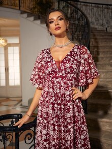 Allover Floral Print Butterfly Sleeve Maxi Lace Dress - Redwood - View 4