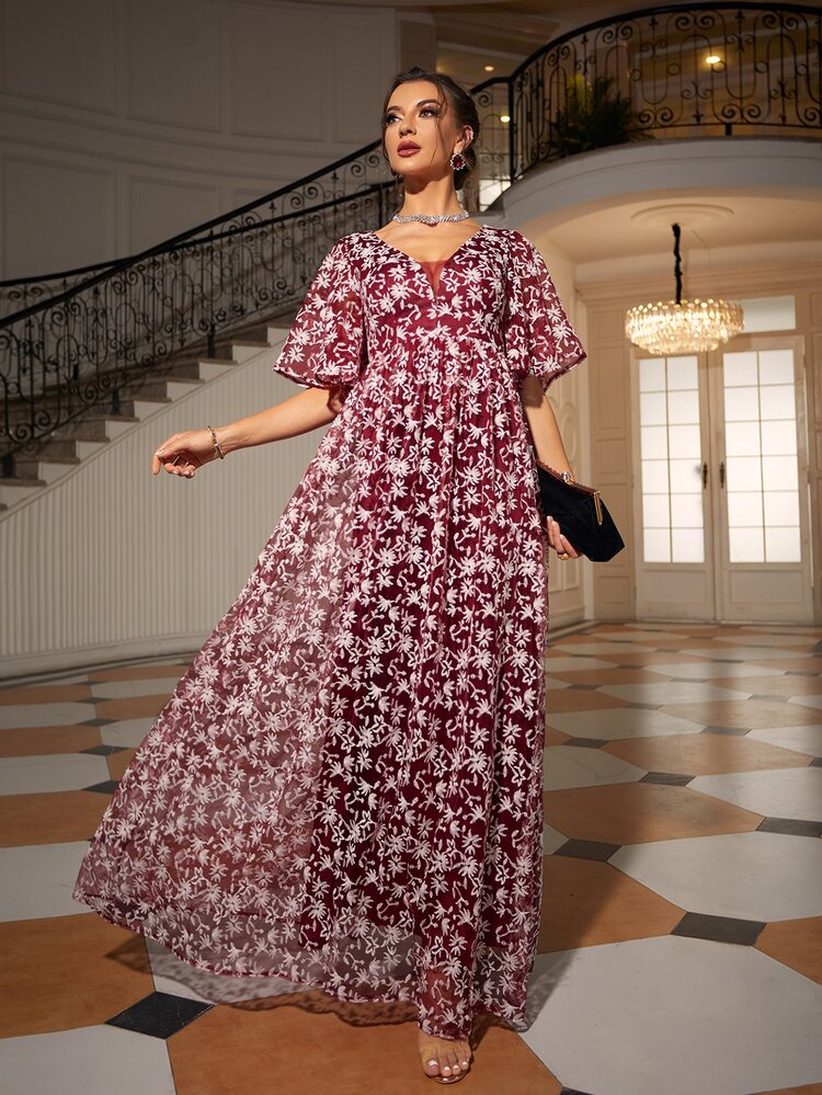 Allover Floral Print Butterfly Sleeve Maxi Lace Dress