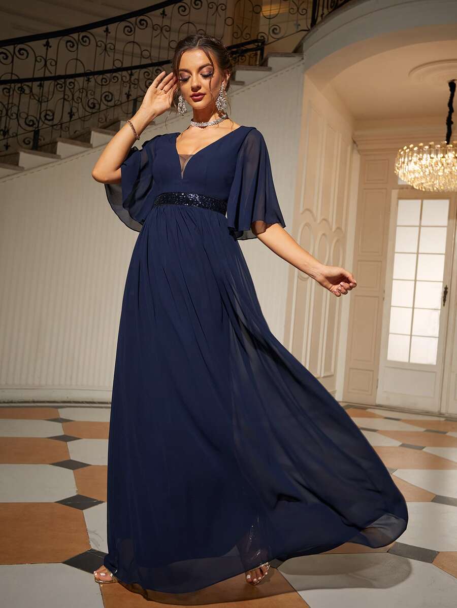Solid Butterfly Sleeve Maxi Chiffon Dress - Navy Blue - View 1