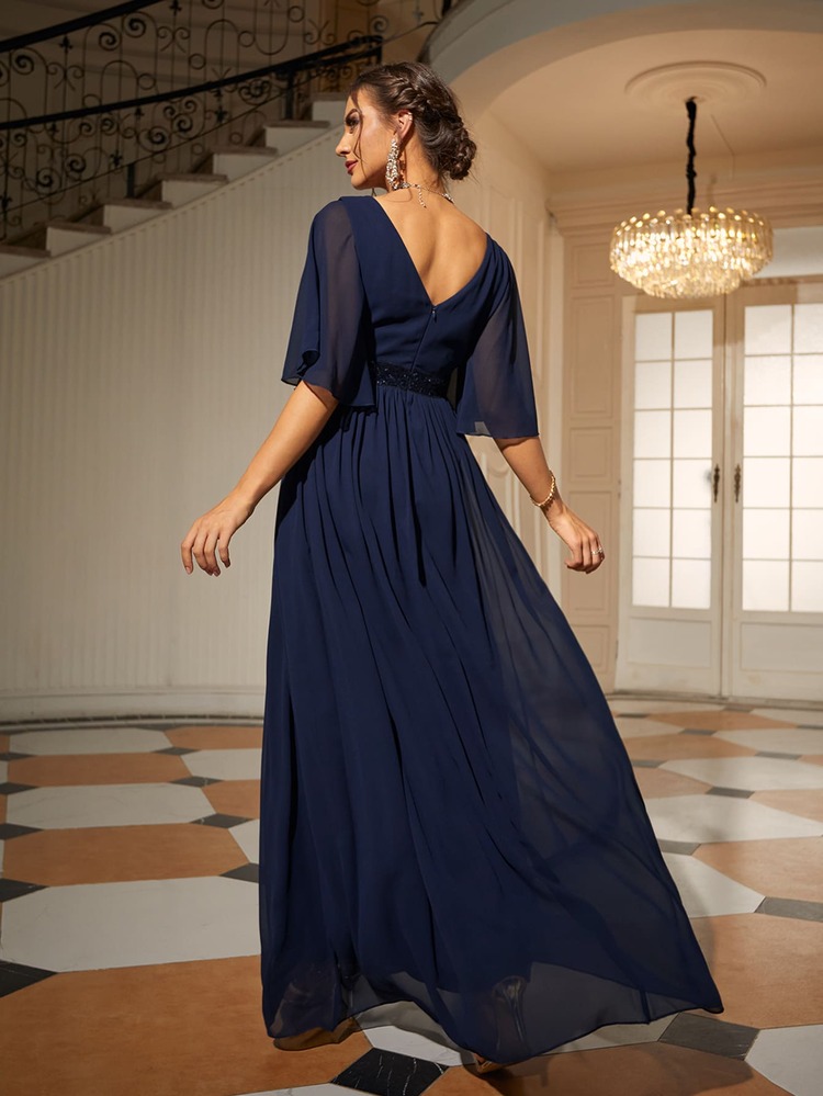 Solid Butterfly Sleeve Maxi Chiffon Dress - Navy Blue - View 2