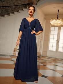 Solid Butterfly Sleeve Maxi Chiffon Dress - Navy Blue - View 3