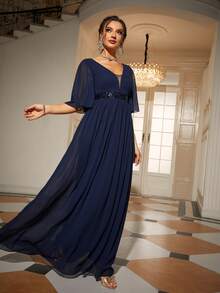 Solid Butterfly Sleeve Maxi Chiffon Dress - Navy Blue - View 4
