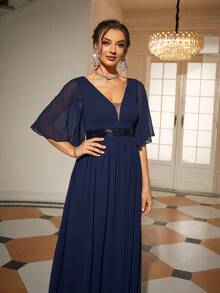 Solid Butterfly Sleeve Maxi Chiffon Dress - Navy Blue - View 5