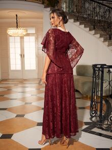 Solid Butterfly Sleeve Maxi Lace Dress - Burgundy - View 2