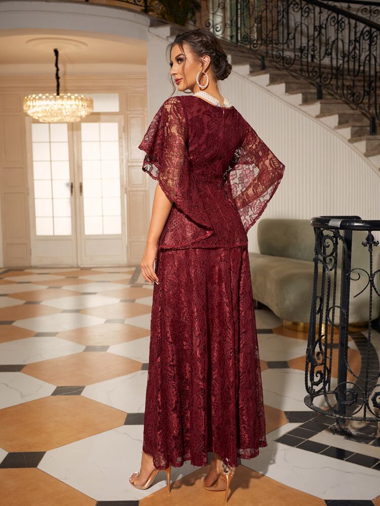 Solid Butterfly Sleeve Maxi Lace Dress