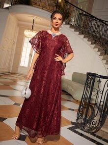 Solid Butterfly Sleeve Maxi Lace Dress - Burgundy - View 3