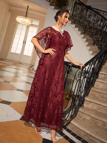 Solid Butterfly Sleeve Maxi Lace Dress - Burgundy - View 4