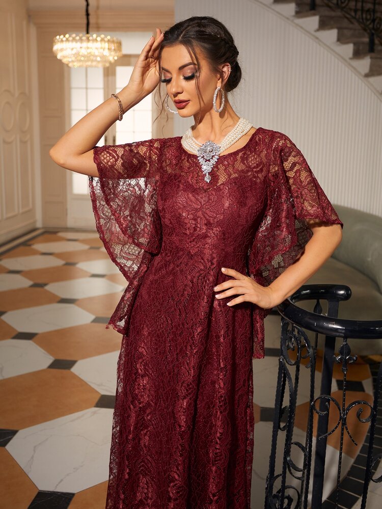 Solid Butterfly Sleeve Maxi Lace Dress