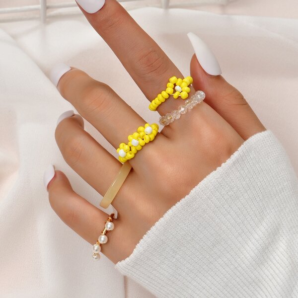 

5pcs Flower Beaded Ring, Multicolor