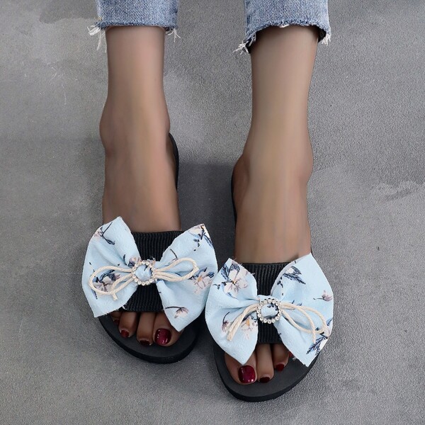 

Rhinestone & Bow Decor Slides, Baby blue