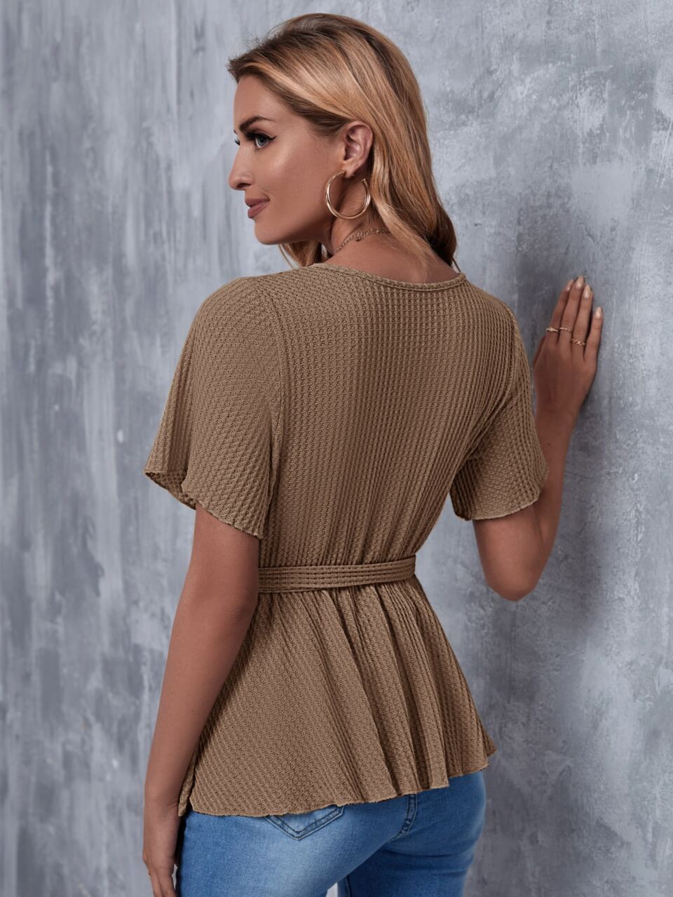 Solid Waffle Knit Surplice Front Belted Tee