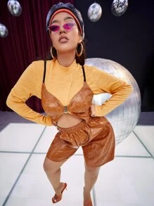 SHEIN ICON Plus Contrast Strap Crop PU Leather Cami Top Without Tee - Brown - View 6