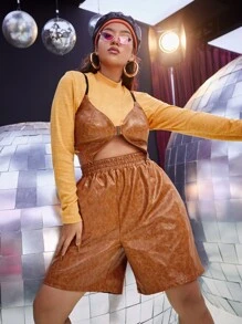 SHEIN ICON Plus Contrast Strap Crop PU Leather Cami Top Without Tee - Brown - View 3