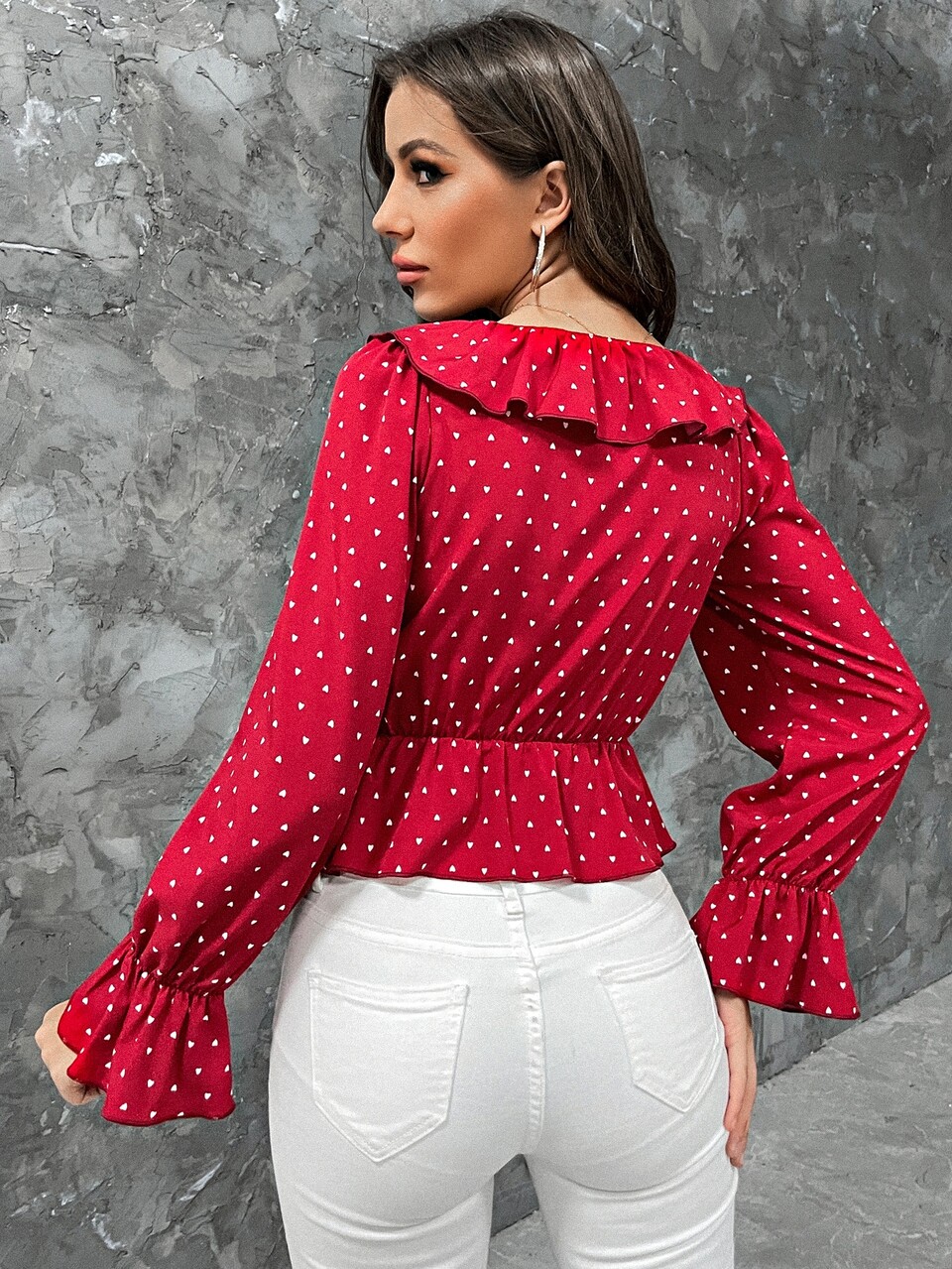 Confetti Heart Print Ruffle Trim Flounce Sleeve Peplum Top