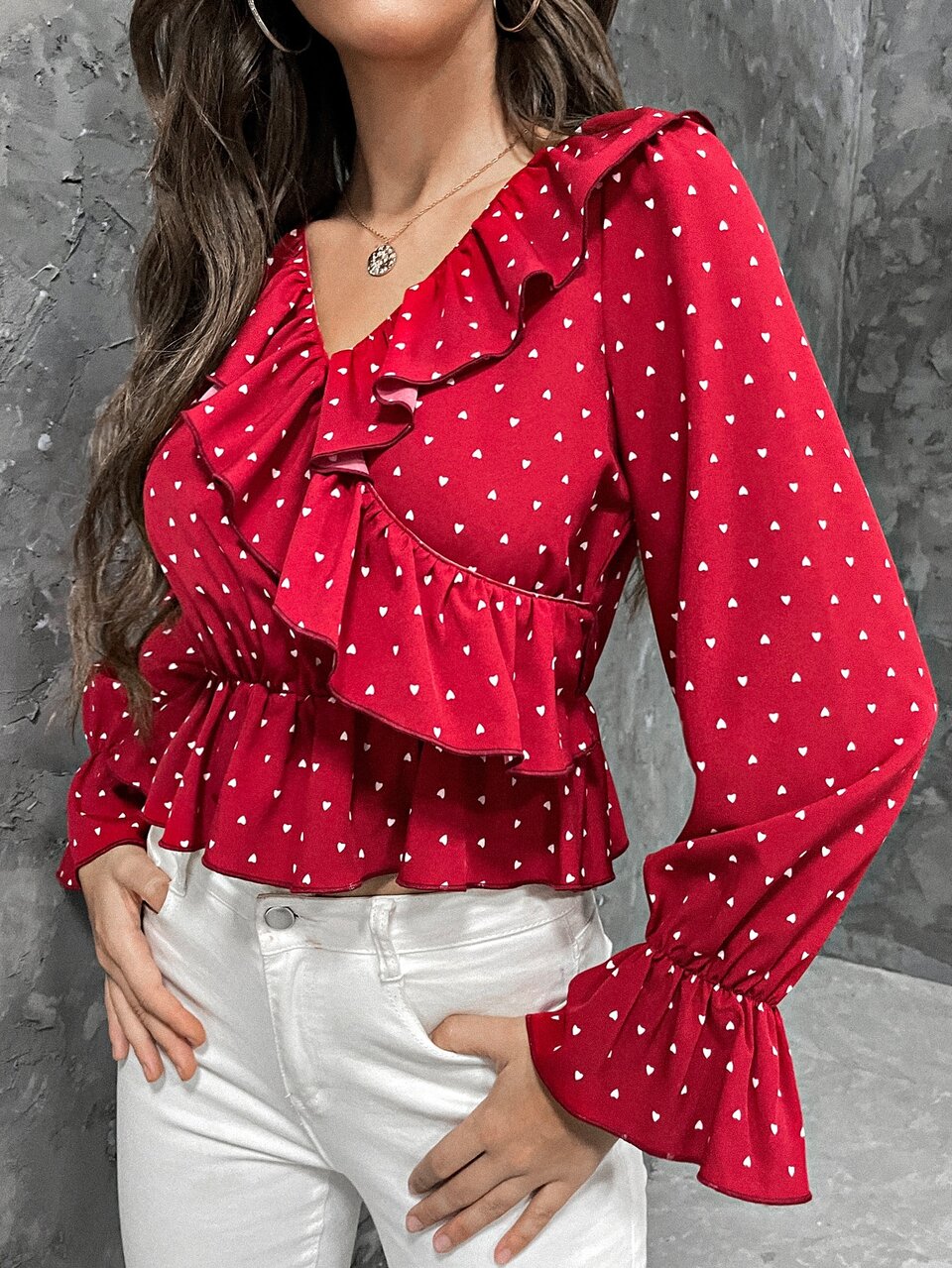 Confetti Heart Print Ruffle Trim Flounce Sleeve Peplum Top