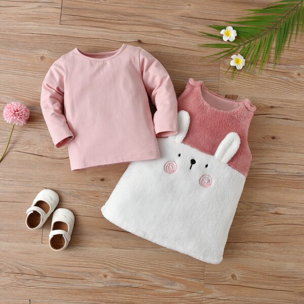 

Baby Solid Tee & Cartoon Embroidery 3D Ears Design Teddy Dress, Multicolor