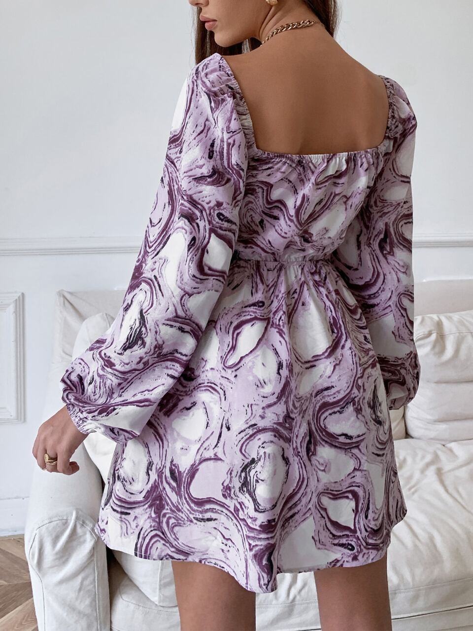 Marble Print Lantern Sleeve Cut Out Dress