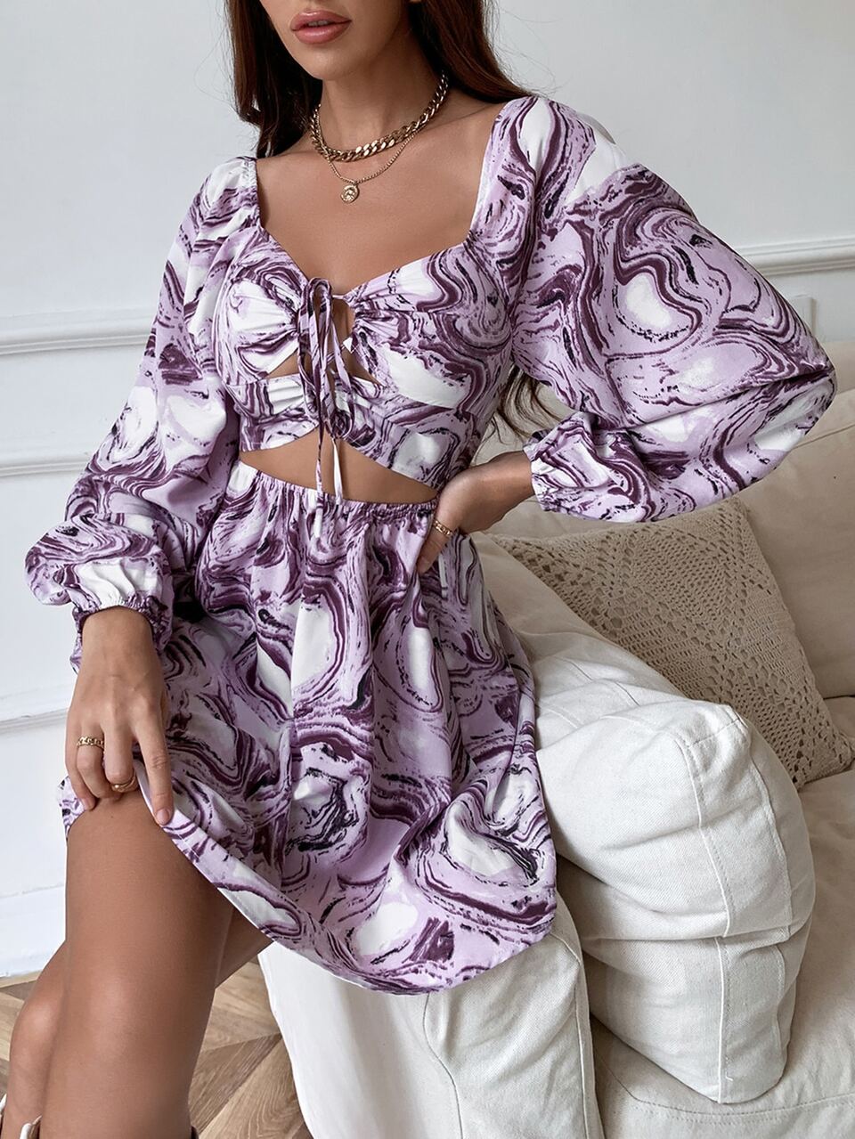 Marble Print Lantern Sleeve Cut Out Dress