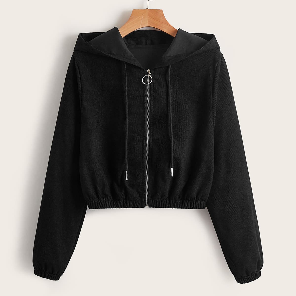 

Solid Corduroy Zip Up Jacket, Black
