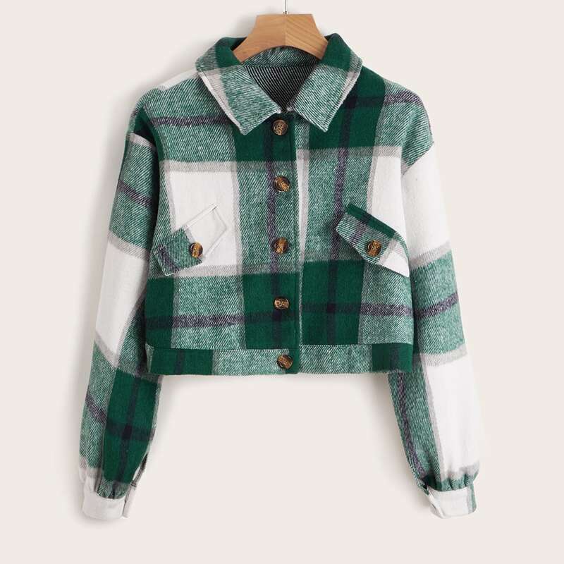 

Plaid Button Front Crop Jacket, Multicolor